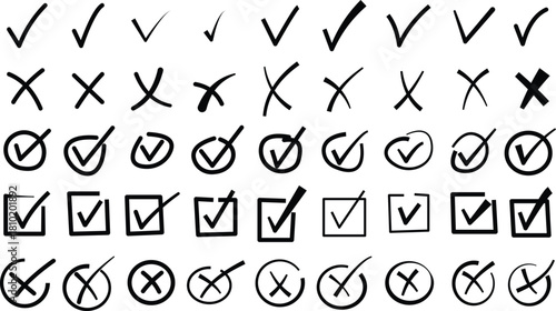 Check marks doodle set. Vote, yes, no, checkbox, checklist, tick and cross signs, v and x drawn concept. Hand drawn doodle sketch style vector illustration
