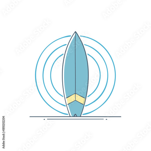Minimalist surfboard illustration with concentric blue waves centered behind it
