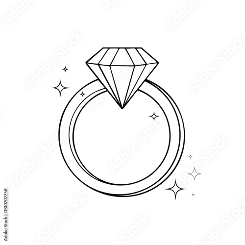 Simple black and white line art illustration of a sparkling diamond ring symbolizing love and luxury