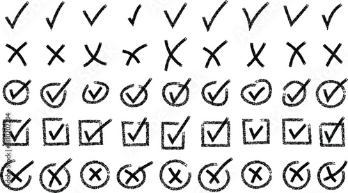 Check marks doodle set. Vote, yes, no, checkbox, checklist, tick and cross  drawn doodle sketch style vector  marks doodle set. che, tick and cross sign. Hand drawn doodle  style vector illustration