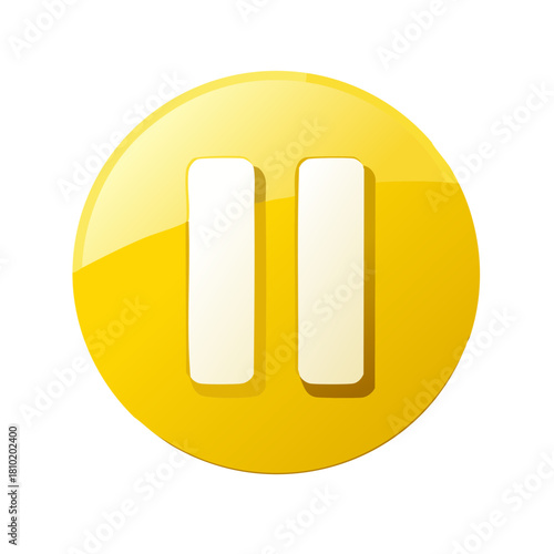 Yellow pause button icon with a glossy 3D effect. Circular symbol for stopping media, video, or music