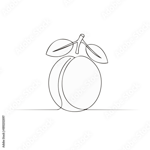 Single continuous line drawing of ripe peach with leaves minimalist design art, peach outline black on white