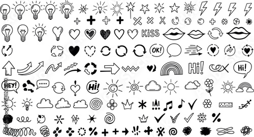 Hand drawn doodle elements collection in black and white for digital design