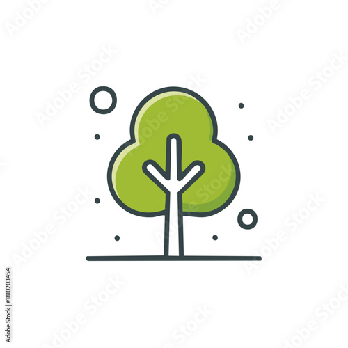 Cartoon tree illustration with green leaves, trunk, and small dots around it.