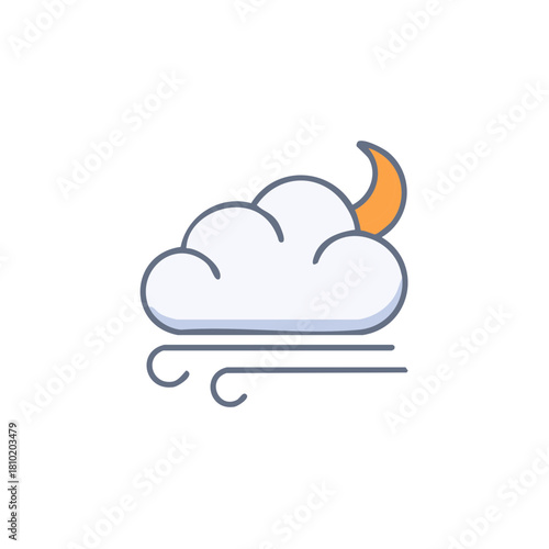 Cloudy night with crescent moon and strong wind forecast icon