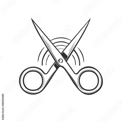 Stylized open scissors icon design, metal blades cutting tools with motion blur lines