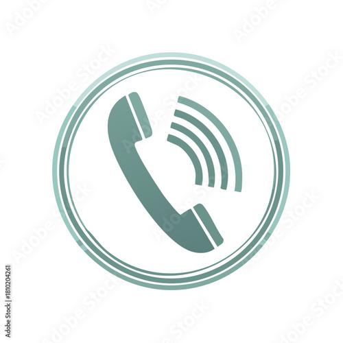 Telephone receiver graphic with outgoing call waves displayed inside rounded double line frame, calling icon