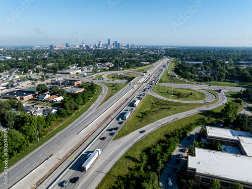 Early morning aerial of Interstate 65 at Raymond Street - Garfield Park, Indianapolis, Indiana