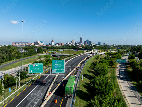 Early morning aerial of Interstate 65 and 70 Interchange - Flyover Ramps - Downtown Indianapolis, Indiana