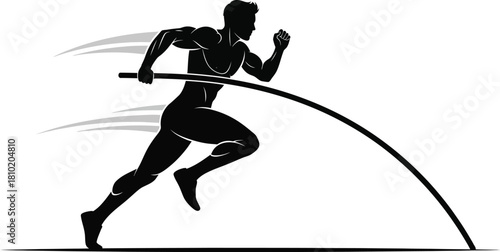 Athlete performing a pole vault. Athlete uses a long, flexible pole to vault over a horizontal bar set at a specific height. Pole vaulter in dynamic action, track vault silhouette. 