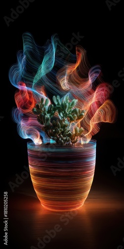 Illuminated Planter: Vibrant Lightwave Effect in a Nighttime Landscape