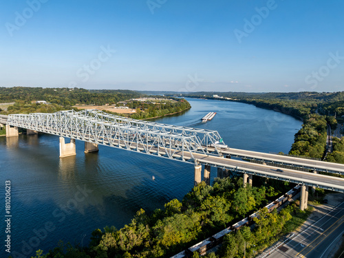 Aerial, Late Evening View of the Combs-Hehl Bridge - Interstate 275 - Ohio River - Kentucky and Ohio