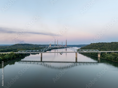 Aerial, Blue Hour and Sunset View of the Carroll Lee Cropper Bridge - Interstate 275 - Ohio River - Kentucky and Indiana