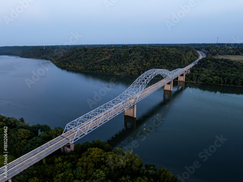 Aerial, Blue Hour and Sunset View of the Carroll Lee Cropper Bridge - Interstate 275 - Ohio River - Kentucky and Indiana