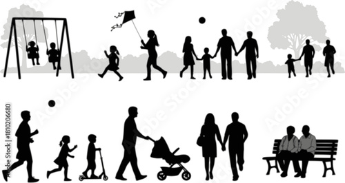 People different ages doing outdoors activities with various poses in public park vector silhouettes. People all ages playing in park family bonding leisure time black silhouette set.