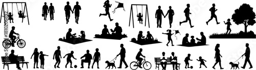 People different ages doing outdoors activities with various poses in public park vector silhouettes. People all ages playing in park family bonding leisure time black silhouette set.
