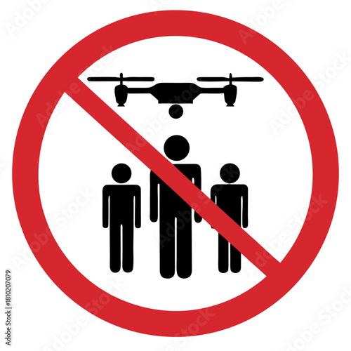 Drone prohibition sign over a crowd of people on a transparent background
