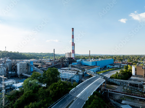 Aerial of Closed & Abandoned Paper Mill at Late Evening / Sunset - Chillicothe, Ohio