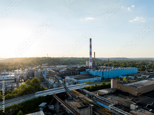 Aerial of Closed & Abandoned Paper Mill at Late Evening / Sunset - Chillicothe, Ohio
