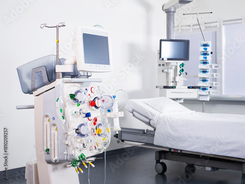 Hospital room with intensice car unit (ICU) and dialysis machine.
