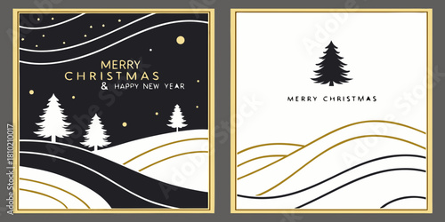 sophisticated minimalist christmas and new year greeting cards featuring stylized trees, snowy landscapes, and abstract wavy lines in black, white, and gold