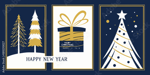 luxurious minimalist christmas and new year vertical banners featuring stylized white and golden trees, a gift box, and winter landscapes on a deep navy blue background