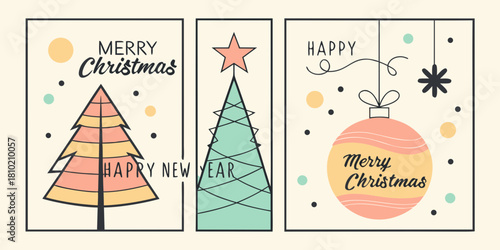 retro whimsical christmas and new year vertical banners featuring stylized trees, striped ornaments, and star motifs in peach, light yellow, and mint green