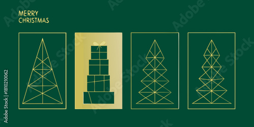 elegant minimalist christmas banners featuring abstract geometric golden line trees and a stack of golden gift boxes on a rich dark green background