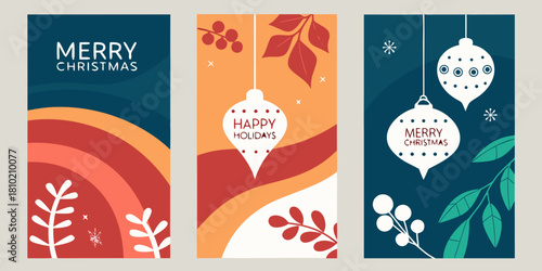 vibrant and modern christmas and holiday vertical banners with abstract shapes, colorful rainbows, hanging ornaments, and festive foliage in teal, orange, and red hues