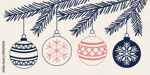 christmas pine branch with hanging ornaments in navy blue red and white snowflake pattern decoration