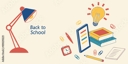 back to school illustration with desk lamp books tablet and stationery supplies in colorful flat design