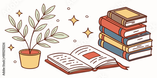 reading books and plant illustration with open book stack and potted plant in cozy study scene