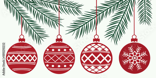 christmas ornaments hanging from pine branches with nordic patterns red baubles and green fir tree illustration