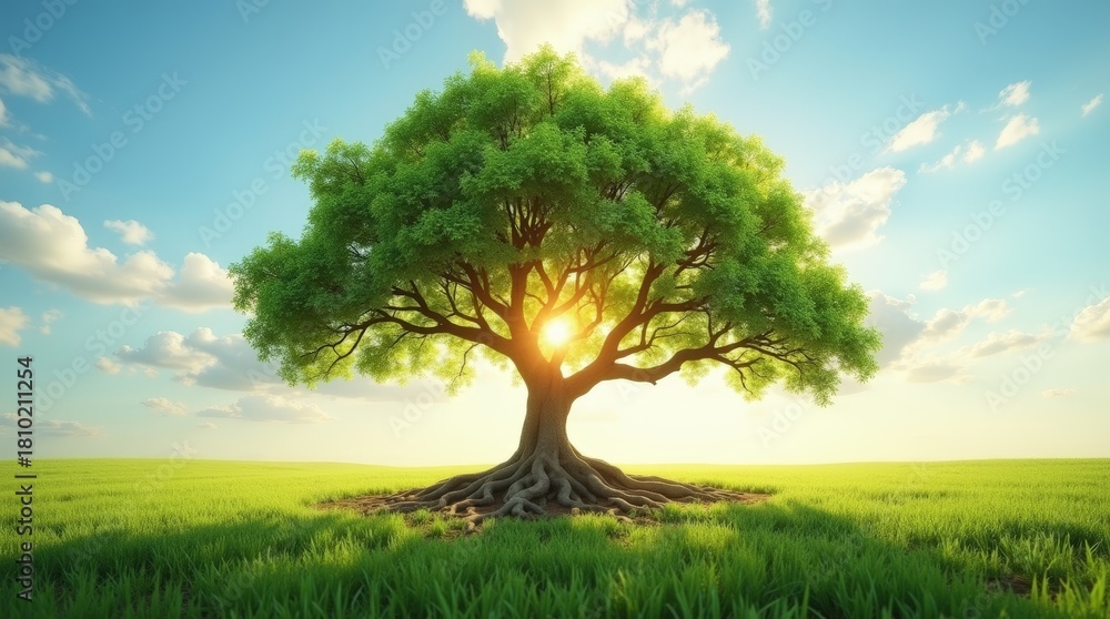 Obraz premium Tree of life with strong roots and fresh green leaves under golden sunlight symbolizing health and vitality