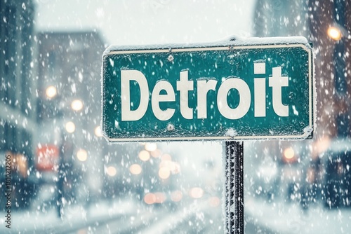 detroit city street sign in winter snow