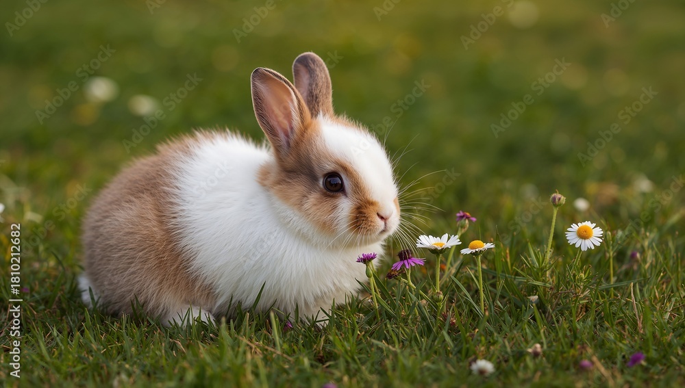 Fototapeta premium small dwarf bunny in the meadow in spring in the foreground