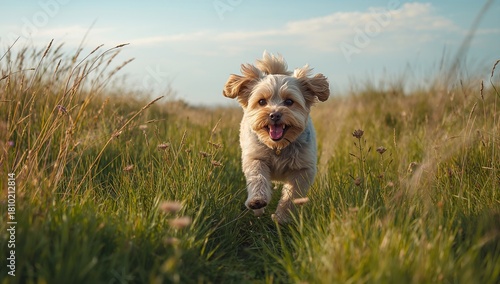 dog with curly fur running towards the room