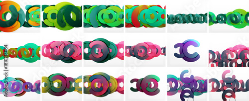 Colorful linked rings form patterns. Rows display variations, creating abstract visual sequence. Bright hues dominate composition.