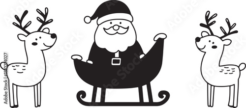hand drawn doodled line art funny cute drawing of Santa Claus and reindeer