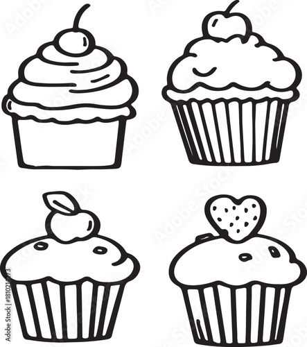 set of vector doodle hand drawn cupcakes. bakery line art 