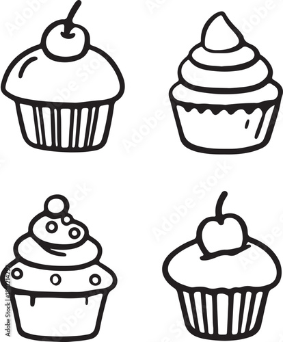 set of vector doodle hand drawn cupcakes. bakery line art 