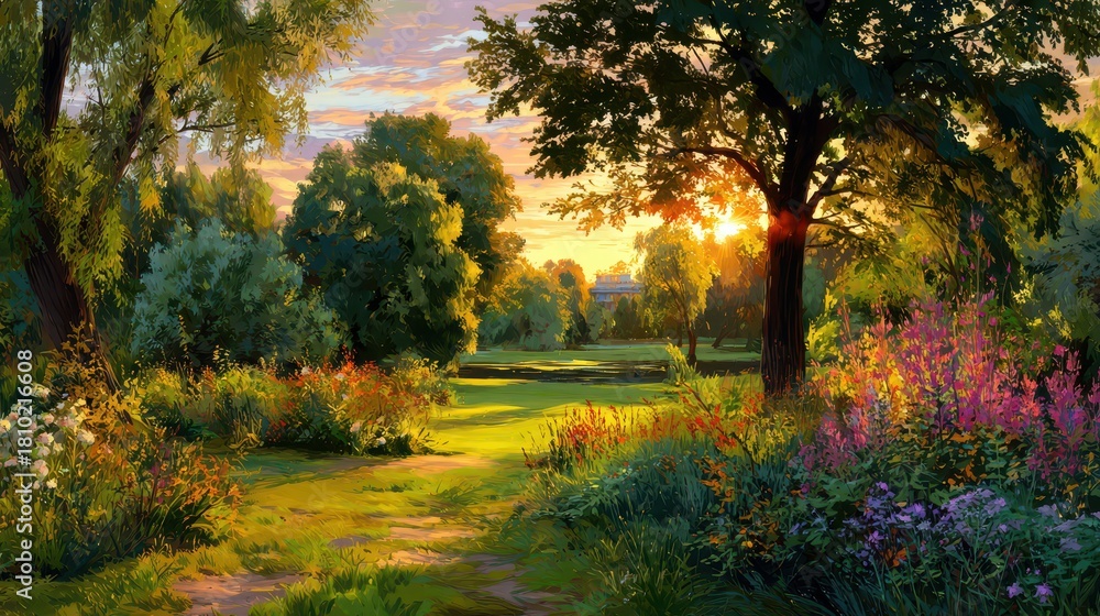 Naklejka premium Enchanting Summer Garden: A Beautiful Landscape with Vibrant Flowers and Sunlit Trees at Sunset
