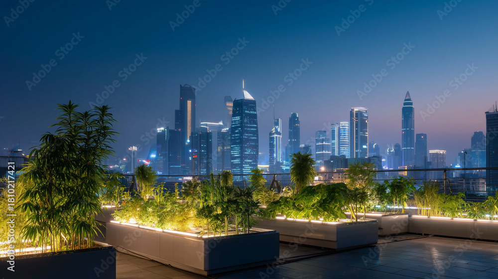 Fototapeta premium Hydroponic rooftop garden glowing at dusk with futuristic city skyline, modern sustainability concept. City rooftop garden twilight, futuristic skyline, sustainability concept, environmental friendly.