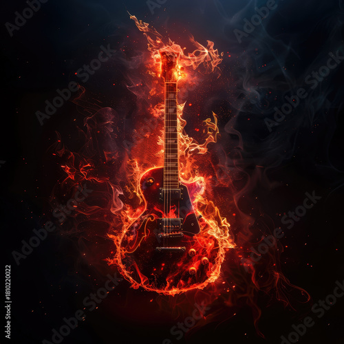 Electric guitar burning with powerful rock music flames