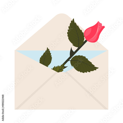 A bright pink rose. A single bud in a postal envelope. Vector illustration on a white background.
