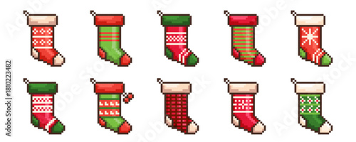 Pixel Christmas Socks game icon vector set. Retro computer 8 bit pixelated stocking holiday elements
