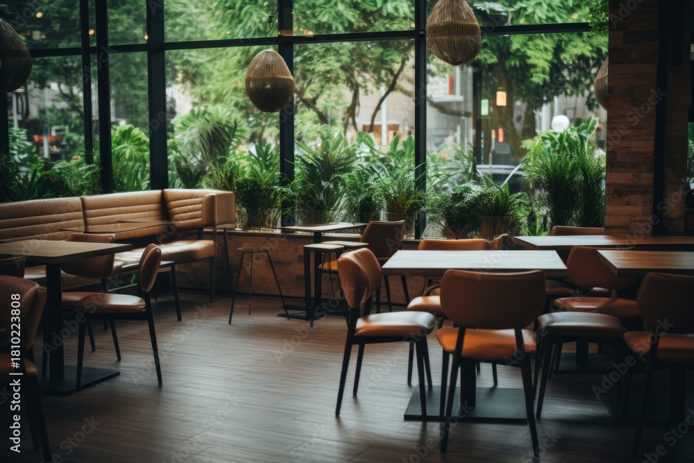 Fototapeta premium Cozy restaurant interior with empty tables and greenery