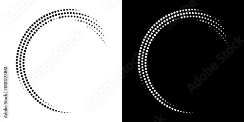 Halftone Circular Dot Pattern. Circle Frame using Halftone Dots Raster Texture. Polka Dots. Spiral logo Icon. Radial design element. Vector Illustration.