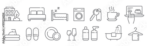Hotel and Airbnb line icons isolated on transparent background. Editable-stroke set with hotel building, key, bed, appliances and coffee cup symbols. Perfect for travel apps, accommodation services.
