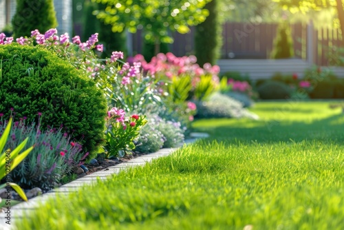 Beautiful garden with colorful flowers and lush green grass
